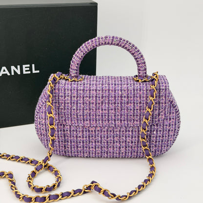 Chanel Sequin Flap Bag with Top Handle Purple Tweed