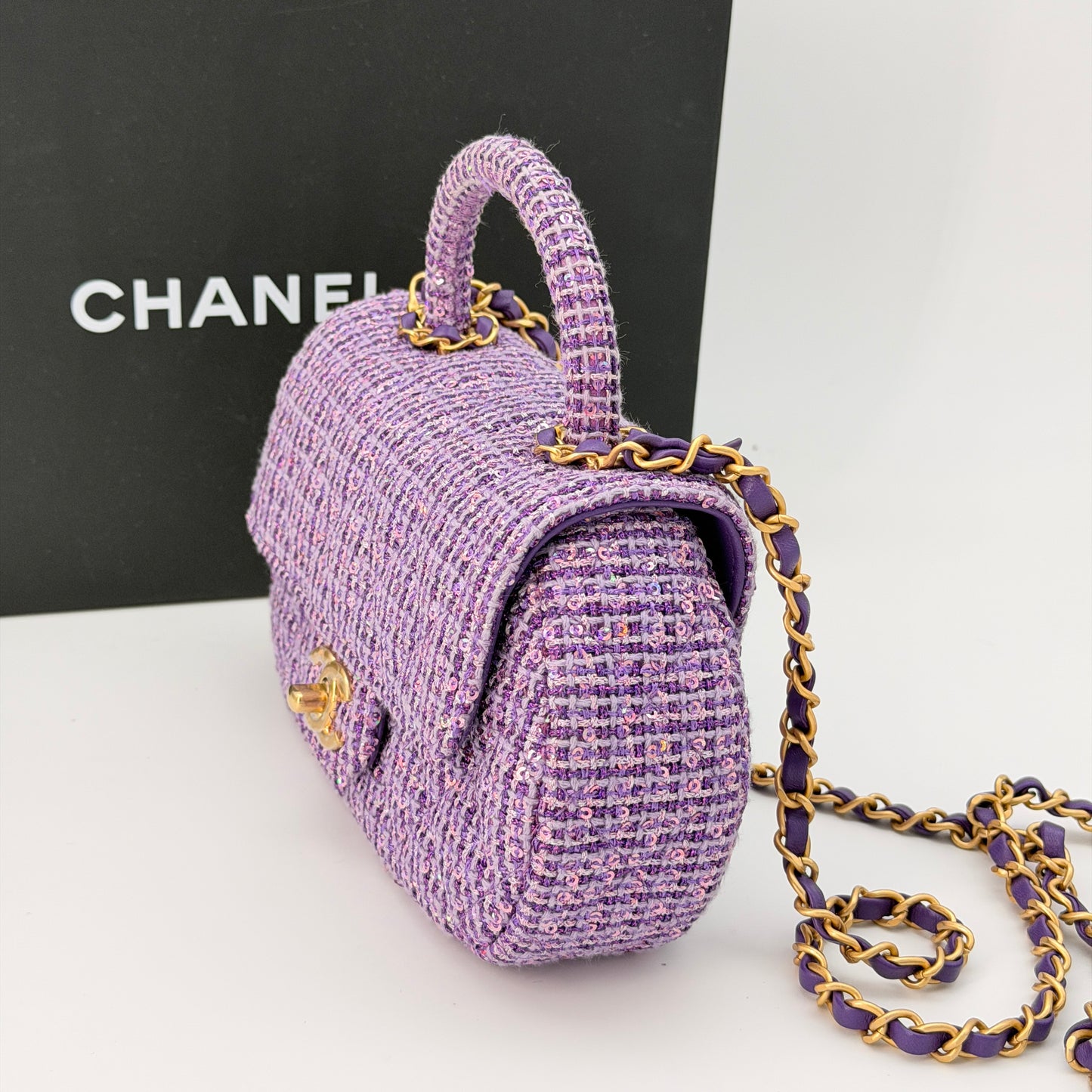 Chanel Sequin Flap Bag with Top Handle Purple Tweed