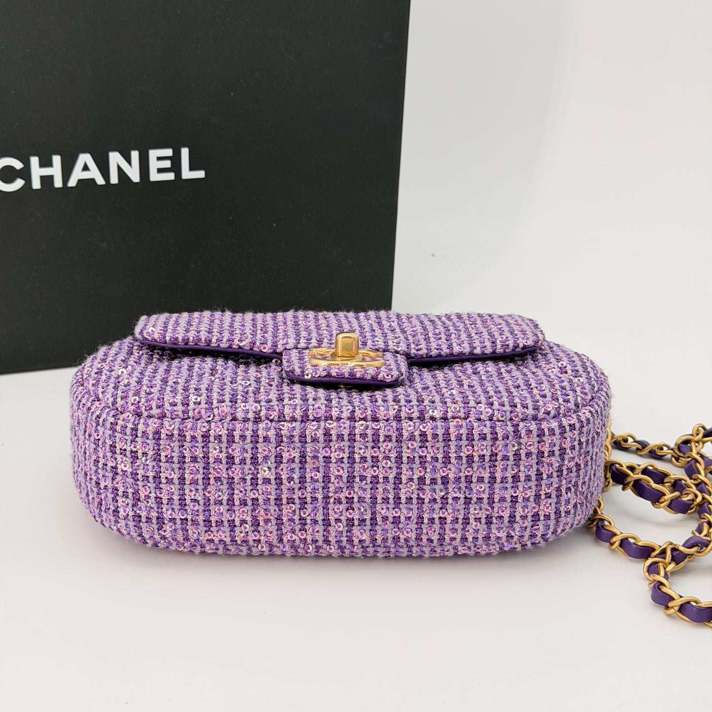 Chanel Sequin Flap Bag with Top Handle Purple Tweed