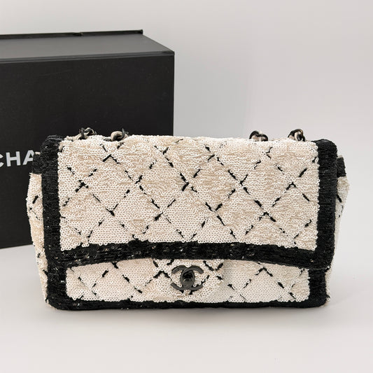 Chanel Sequin CC Small Single Flap White Black