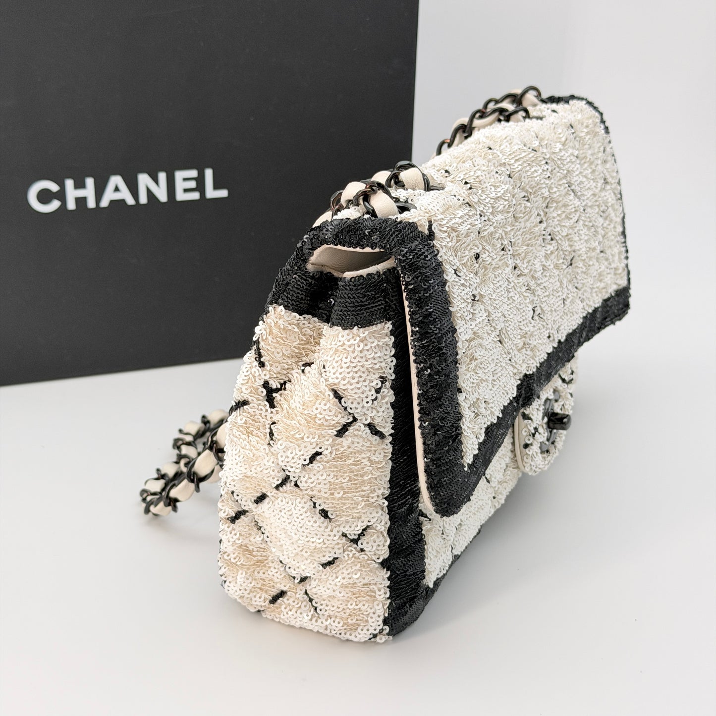 Chanel Sequin CC Small Single Flap White Black