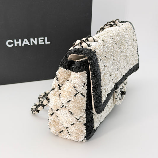 Chanel Sequin CC Small Single Flap White Black