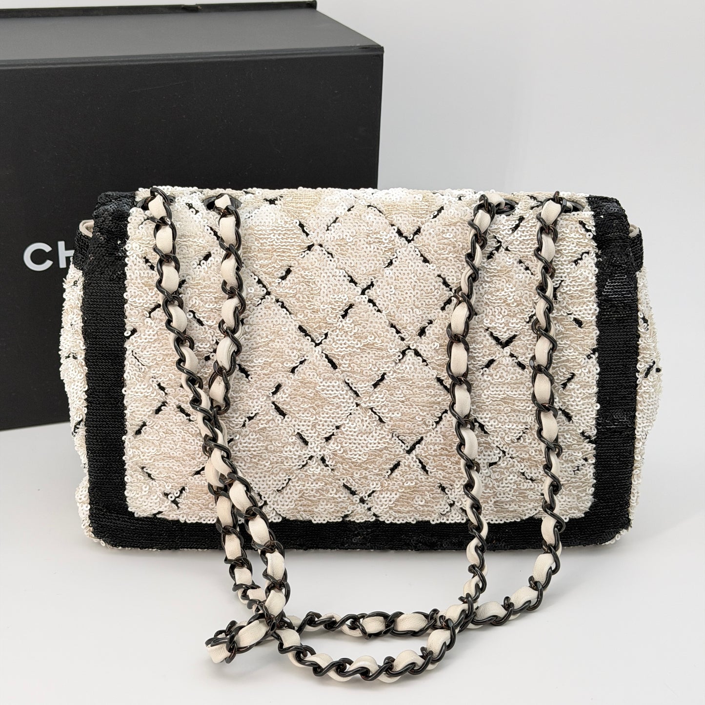 Chanel Sequin CC Small Single Flap White Black