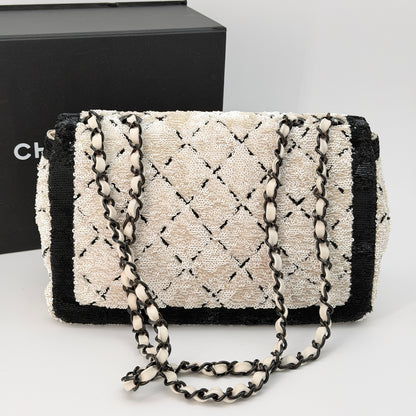 Chanel Sequin CC Small Single Flap White Black