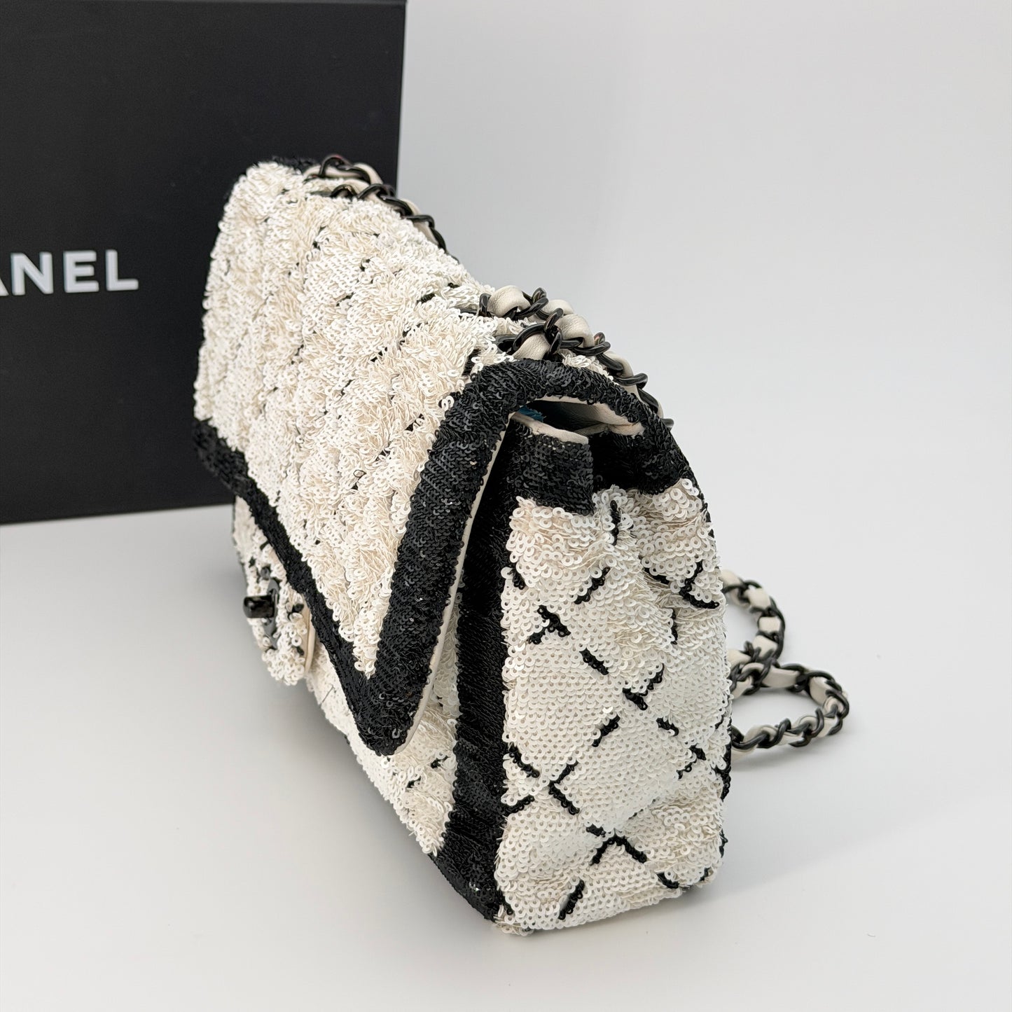 Chanel Sequin CC Small Single Flap White Black