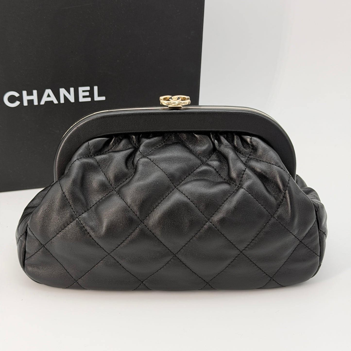 Chanel Lambskin Quilted CC Kisslock Clutch Black