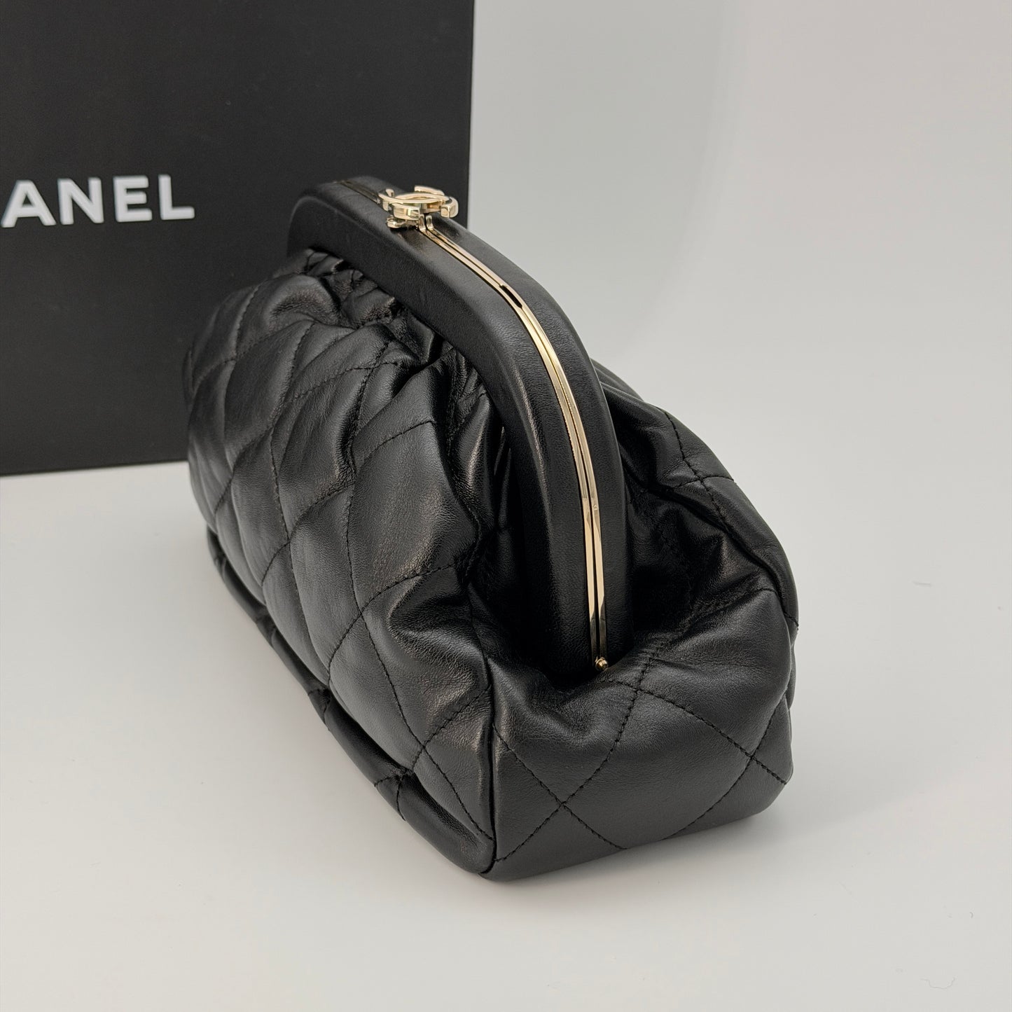 Chanel Lambskin Quilted CC Kisslock Clutch Black