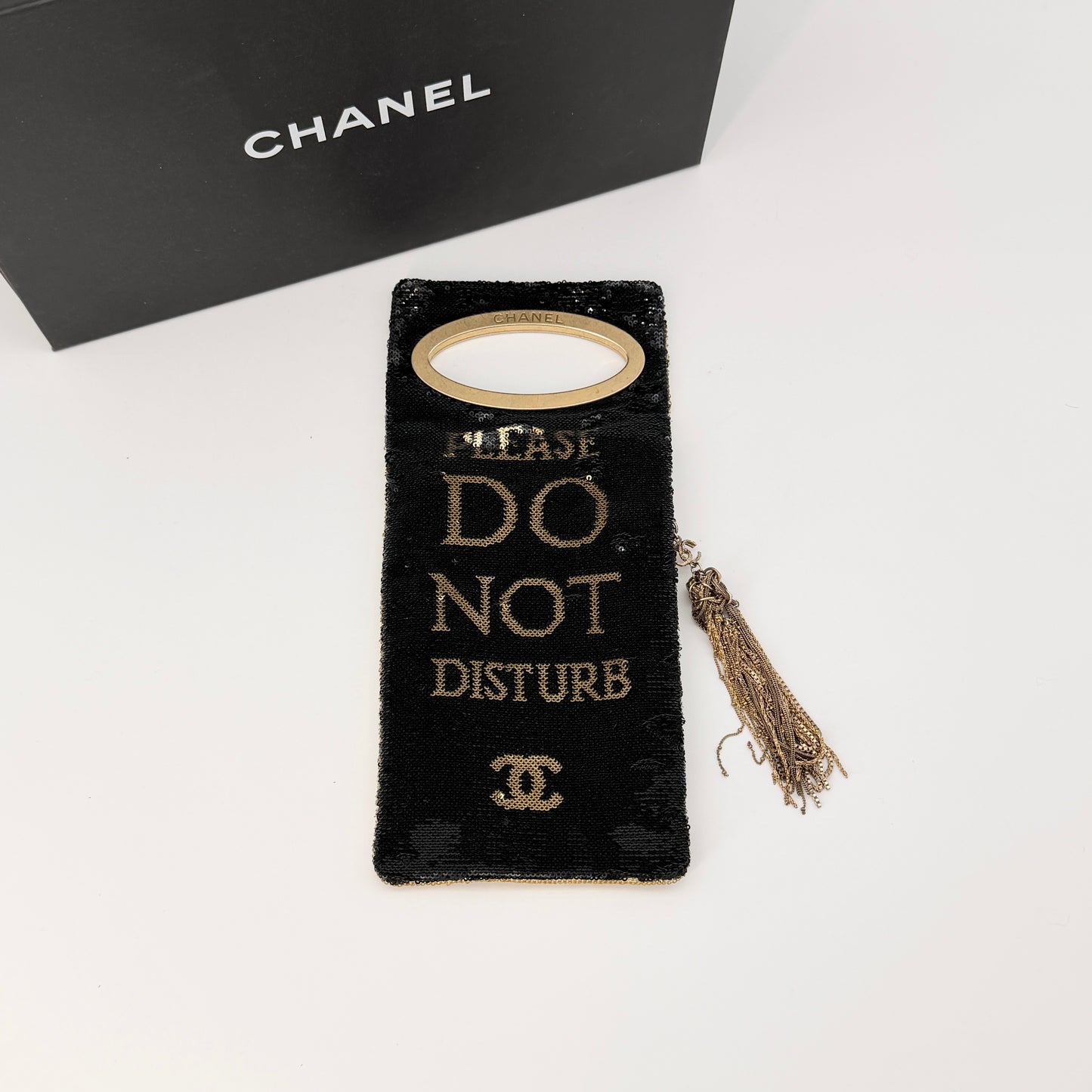 CHANEL Sequin Do Not Disturb Minaudiere Clutch Black Gold