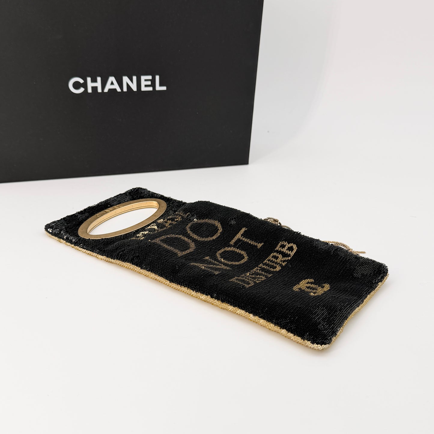 CHANEL Sequin Do Not Disturb Minaudiere Clutch Black Gold