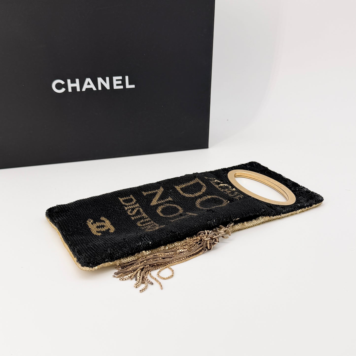 CHANEL Sequin Do Not Disturb Minaudiere Clutch Black Gold
