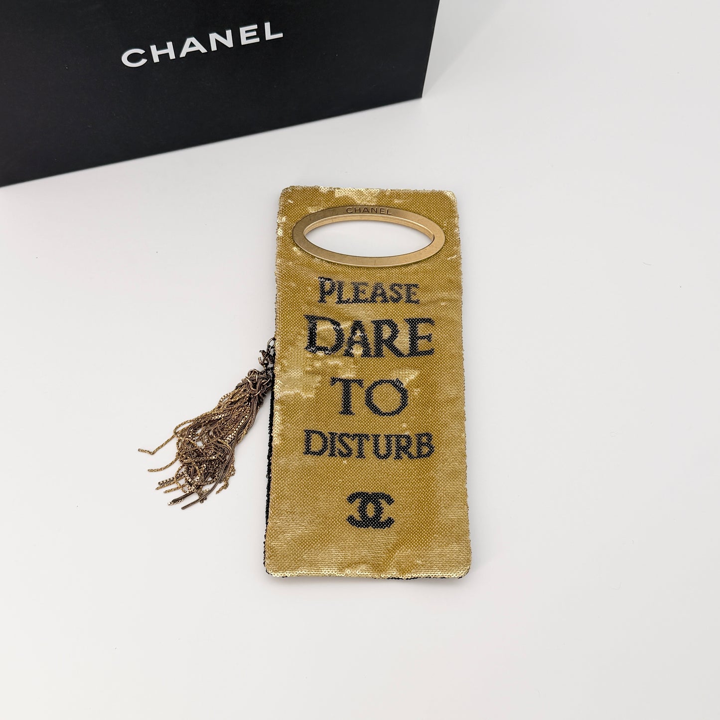 CHANEL Sequin Do Not Disturb Minaudiere Clutch Black Gold