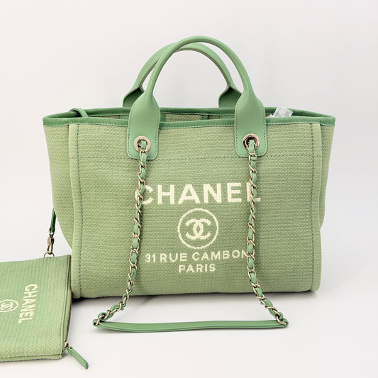 CHANEL Light Green Canvas Deauville Large Tote Bag