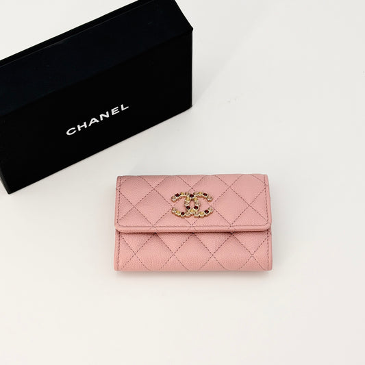 Chanel Caviar Quilted Crystal CC Flap Card Holder Pink