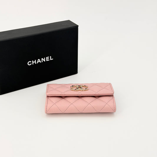Chanel Caviar Quilted Crystal CC Flap Card Holder Pink