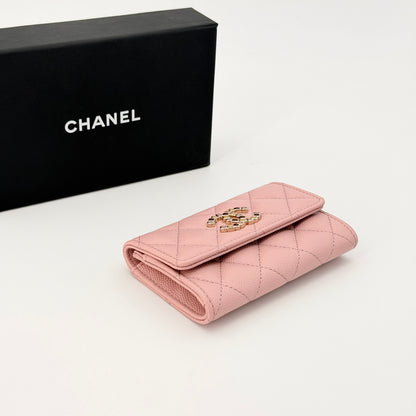 Chanel Caviar Quilted Crystal CC Flap Card Holder Pink