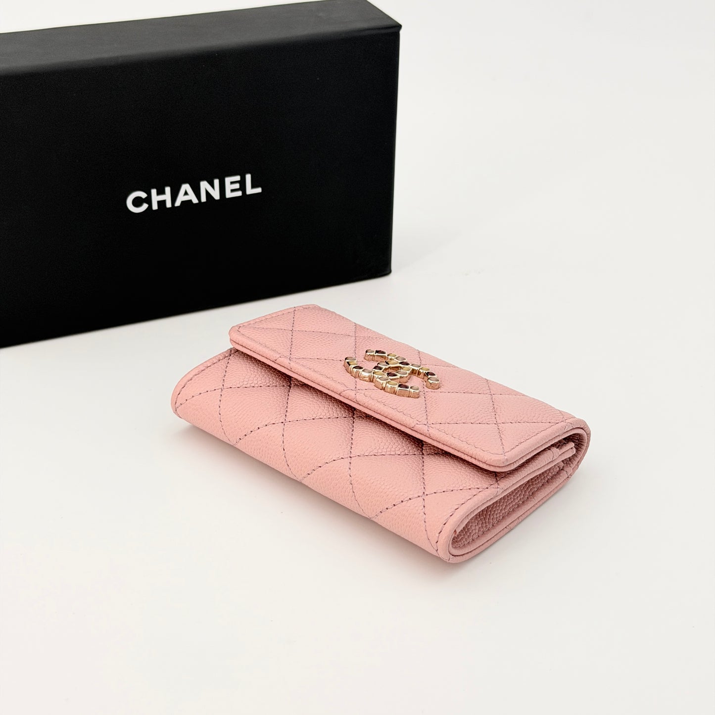 Chanel Caviar Quilted Crystal CC Flap Card Holder Pink