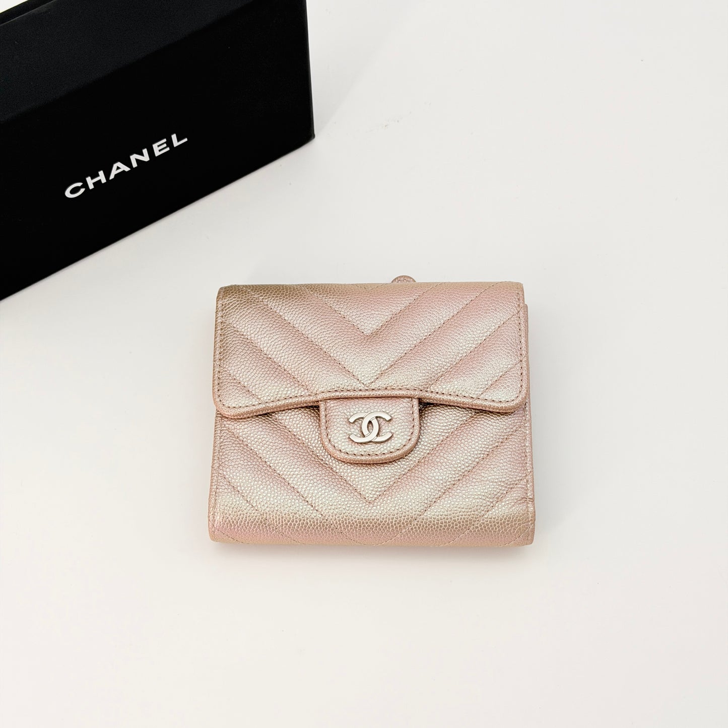 Chanel Metallic Iridescent Caviar Chevron Quilted Leather CC Wallet