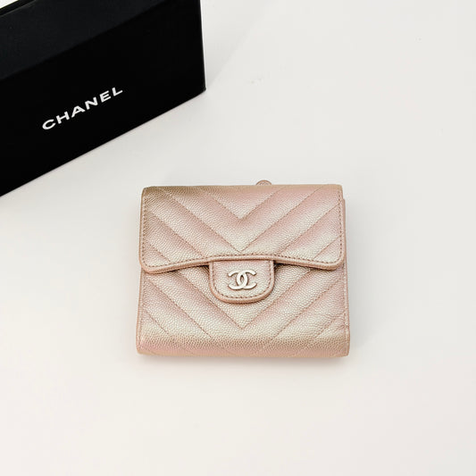 Chanel Metallic Iridescent Caviar Chevron Quilted Leather CC Wallet
