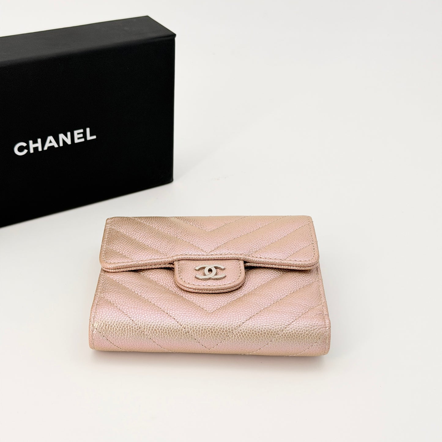 Chanel Metallic Iridescent Caviar Chevron Quilted Leather CC Wallet