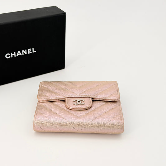Chanel Metallic Iridescent Caviar Chevron Quilted Leather CC Wallet
