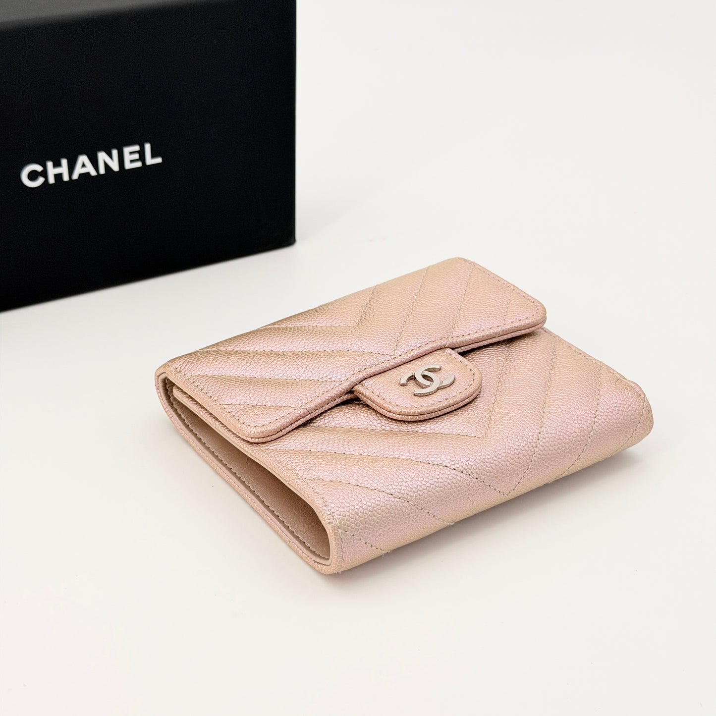 Chanel Metallic Iridescent Caviar Chevron Quilted Leather CC Wallet