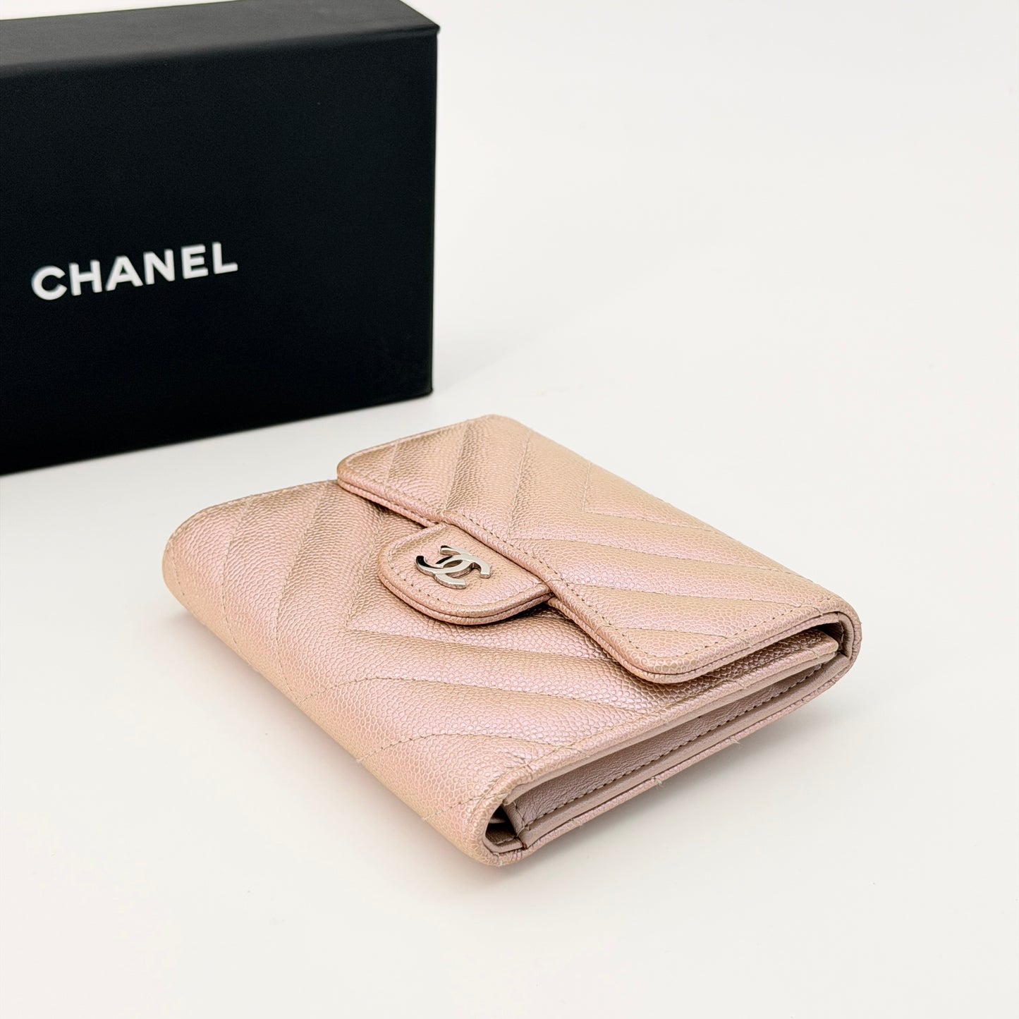 Chanel Metallic Iridescent Caviar Chevron Quilted Leather CC Wallet