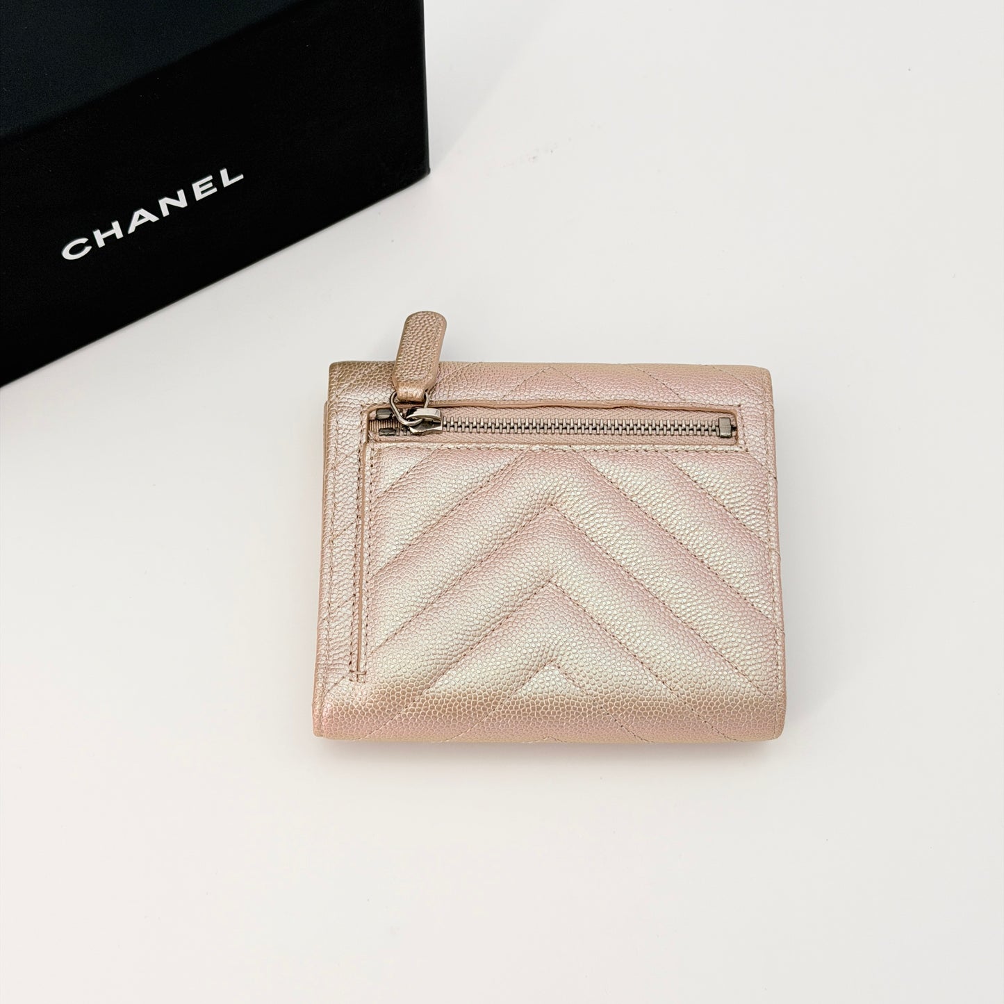 Chanel Metallic Iridescent Caviar Chevron Quilted Leather CC Wallet