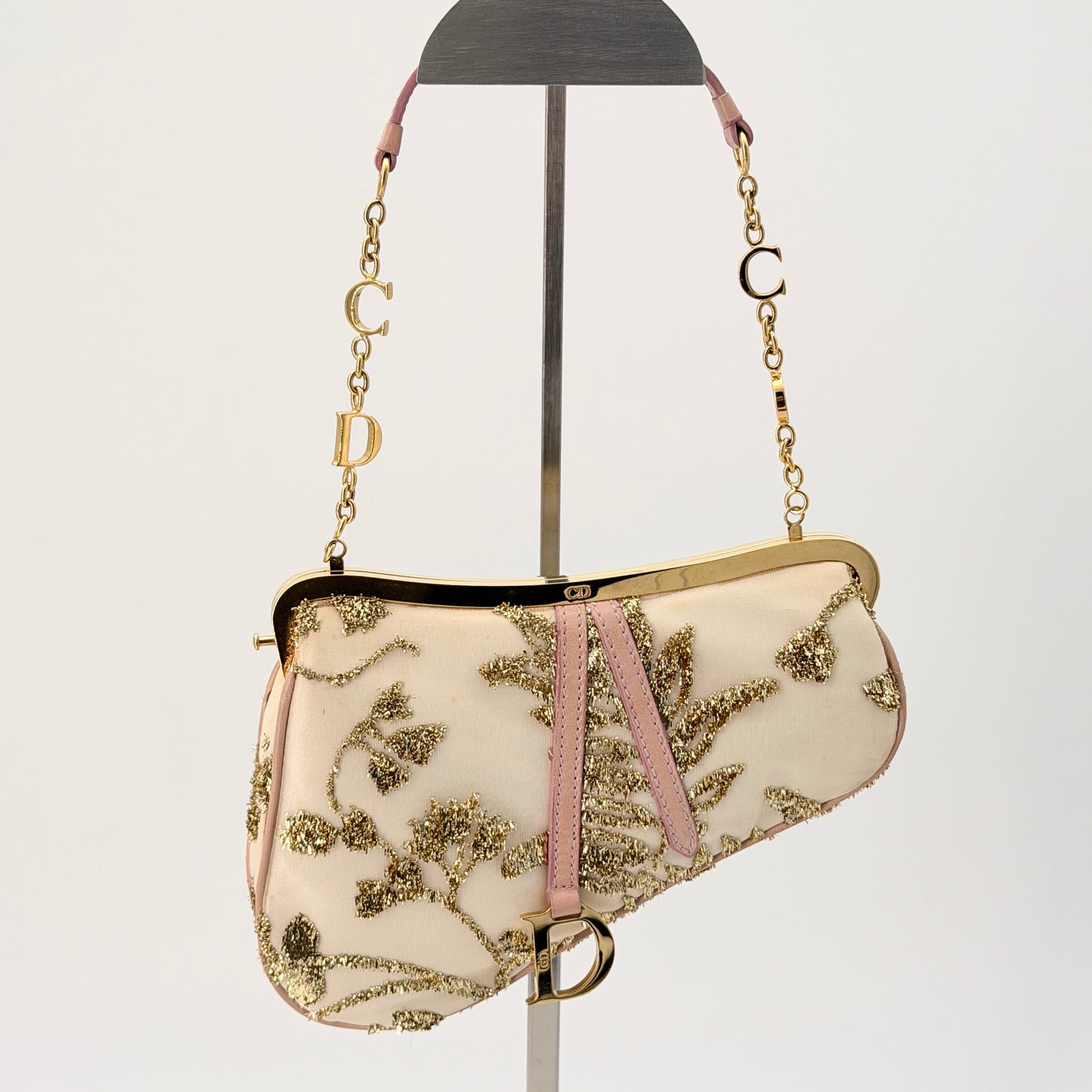Christian Dior Satin Embroidered Mini Frame Saddle White Gold Pink