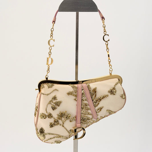 Christian Dior Satin Embroidered Mini Frame Saddle White Gold Pink