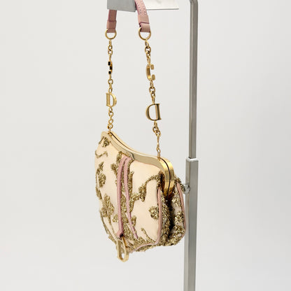 Christian Dior Satin Embroidered Mini Frame Saddle White Gold Pink