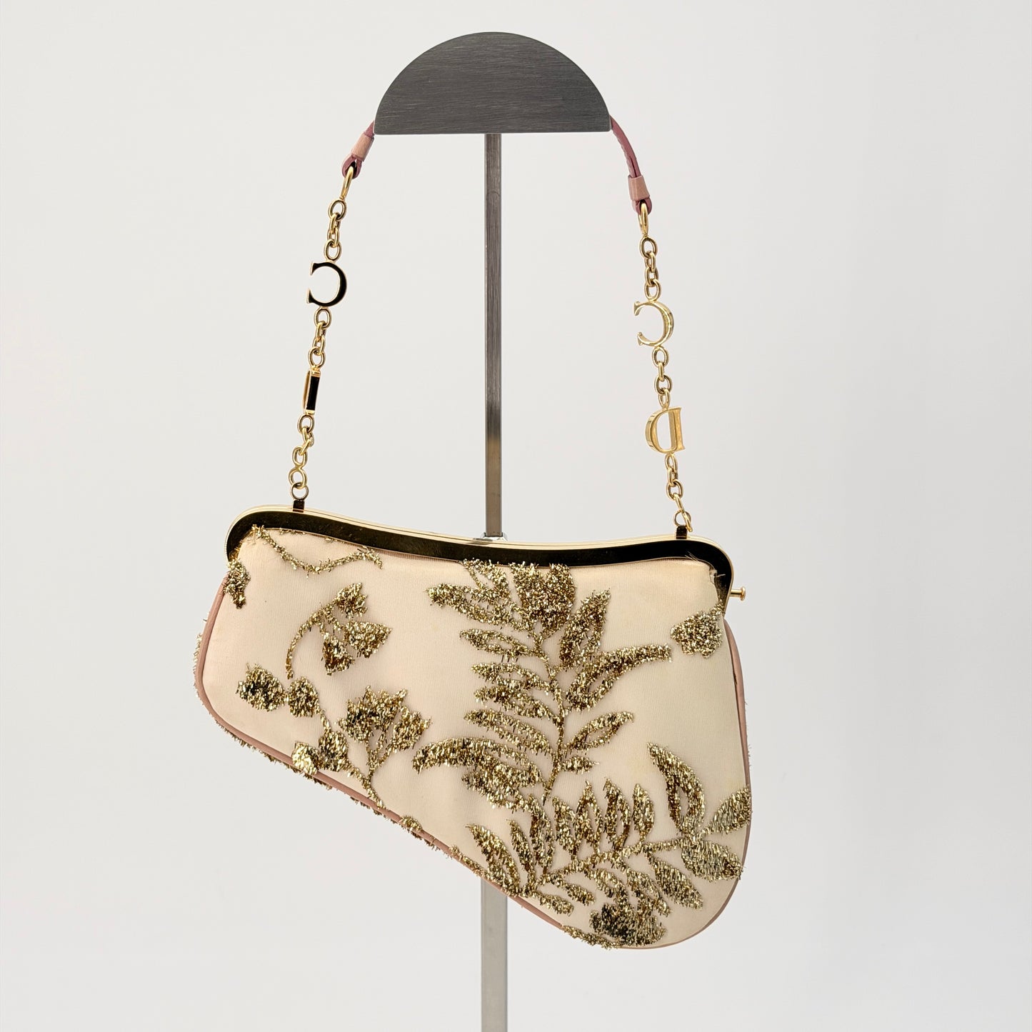 Christian Dior Satin Embroidered Mini Frame Saddle White Gold Pink