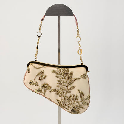 Christian Dior Satin Embroidered Mini Frame Saddle White Gold Pink