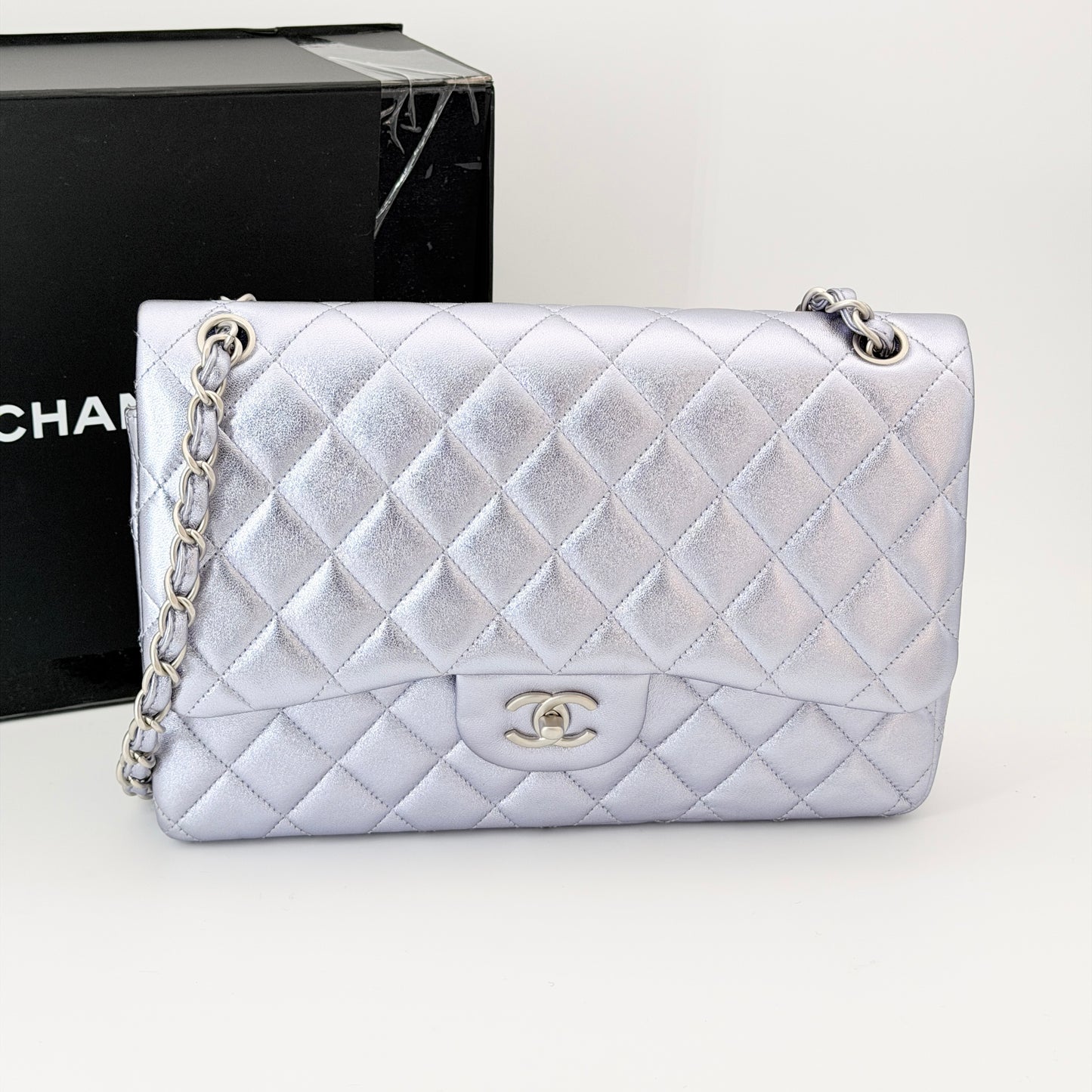Chanel Metallic Quilted Jumbo Double Flap Light Purple