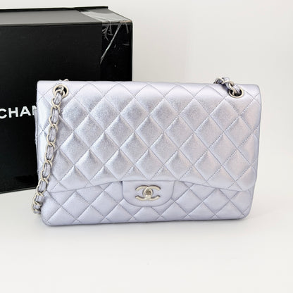 Chanel Metallic Quilted Jumbo Double Flap Light Purple