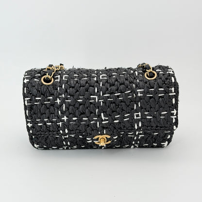 Chanel Raffia Effect Medium Tweedy Flap Bag Black White
