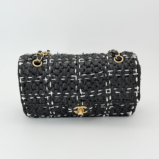 Chanel Raffia Effect Medium Tweedy Flap Bag Black White
