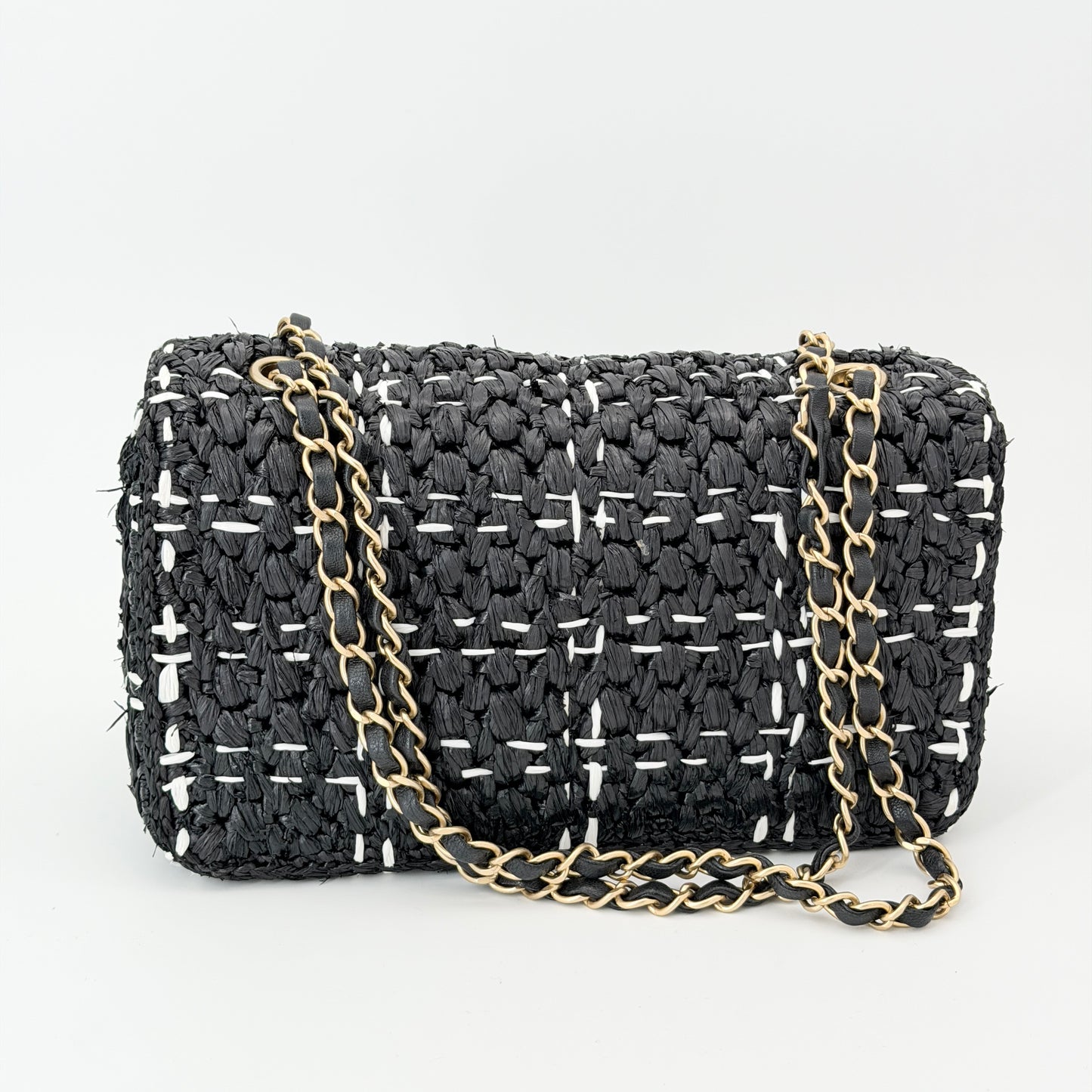 Chanel Raffia Effect Medium Tweedy Flap Bag Black White