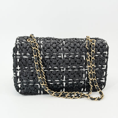 Chanel Raffia Effect Medium Tweedy Flap Bag Black White