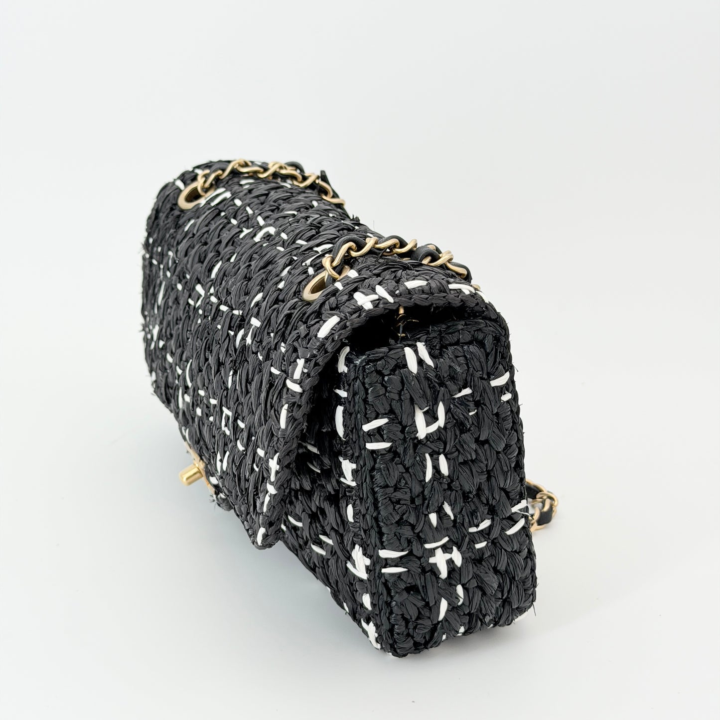 Chanel Raffia Effect Medium Tweedy Flap Bag Black White