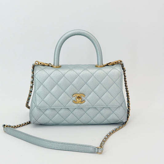 Chanel Coco Handle Flap Bag Light Blue Iridescent Aged Gold Hardware
