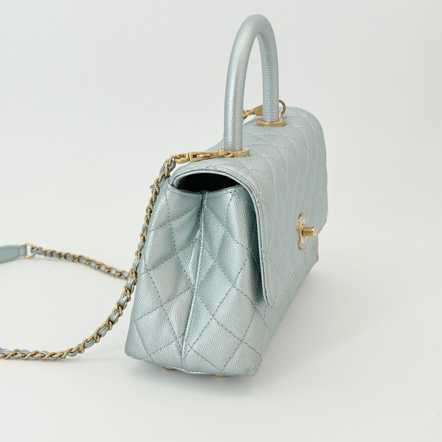 Chanel Coco Handle Flap Bag Light Blue Iridescent Aged Gold Hardware