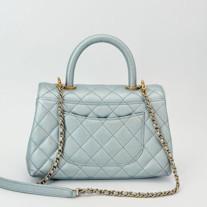 Chanel Coco Handle Flap Bag Light Blue Iridescent Aged Gold Hardware