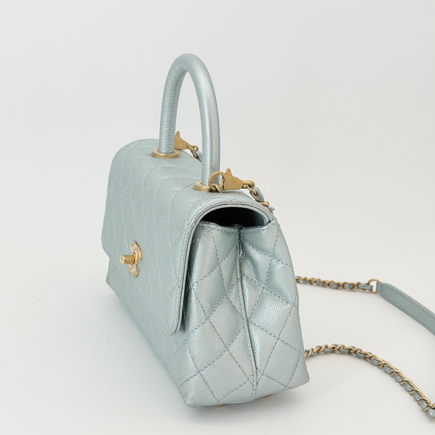 Chanel Coco Handle Flap Bag Light Blue Iridescent Aged Gold Hardware