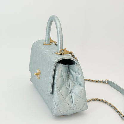 Chanel Coco Handle Flap Bag Light Blue Iridescent Aged Gold Hardware