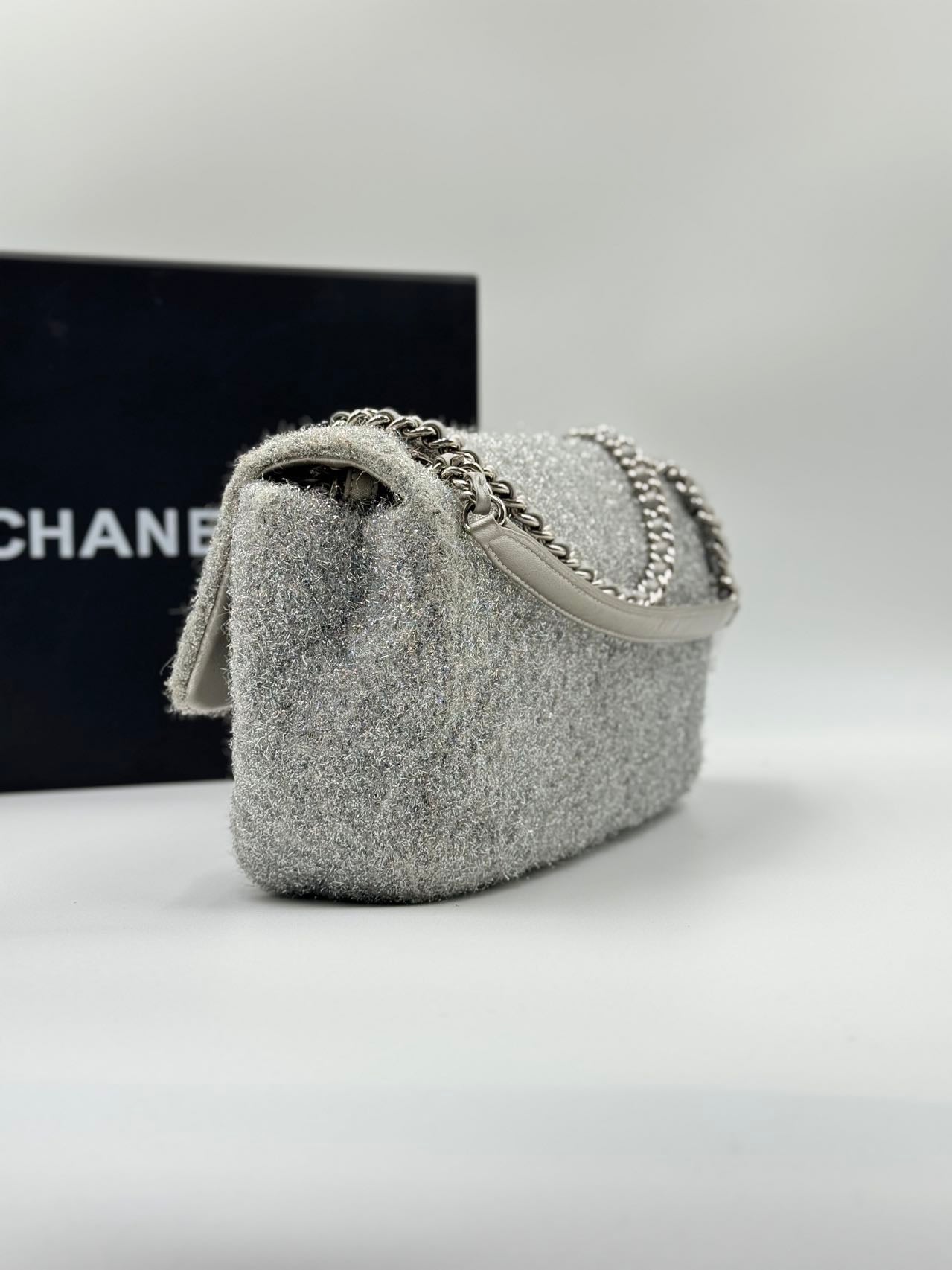Silver Chanel Medium Quilted Lurex Ground Control Pluto Glitter Flap Crossbody Bag