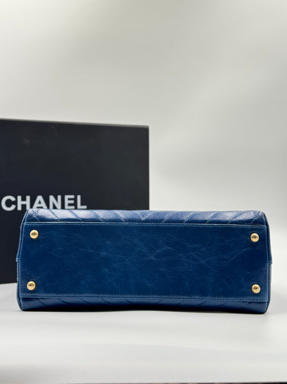 CHANEL Medium Coco Handle Blue Chevron Bag Gold Hardware