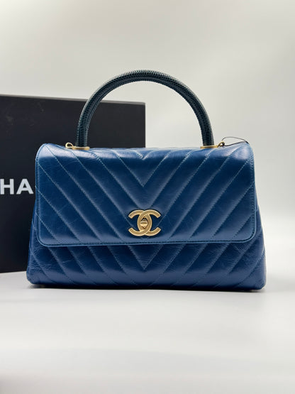 CHANEL Medium Coco Handle Blue Chevron Bag Gold Hardware