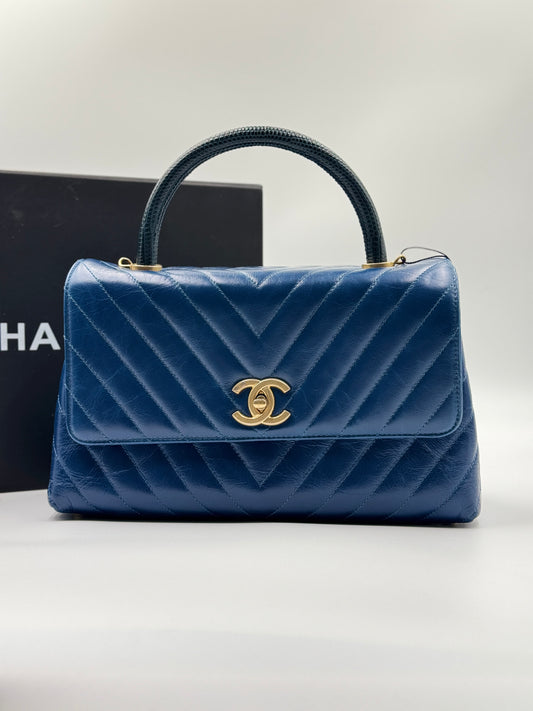 CHANEL Medium Coco Handle Blue Chevron Bag Gold Hardware
