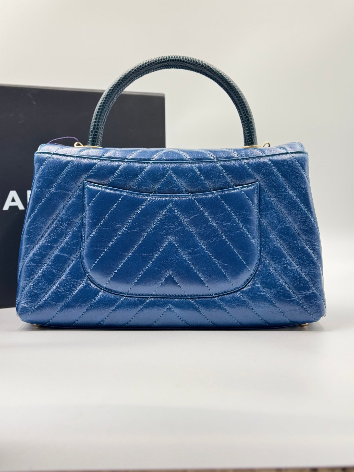 CHANEL Medium Coco Handle Blue Chevron Bag Gold Hardware