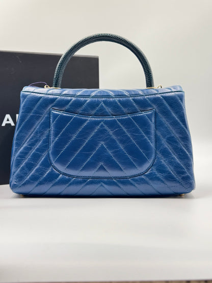 CHANEL Medium Coco Handle Blue Chevron Bag Gold Hardware
